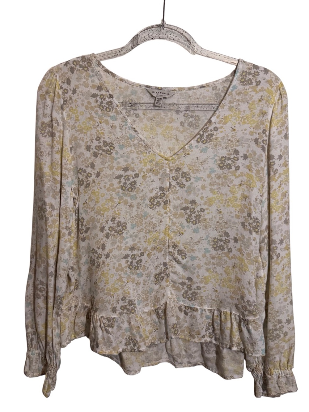 Lucky Brand Size X-Small Floral Ruffle Hem Blouse Long Sleeve Top Boho Viscose